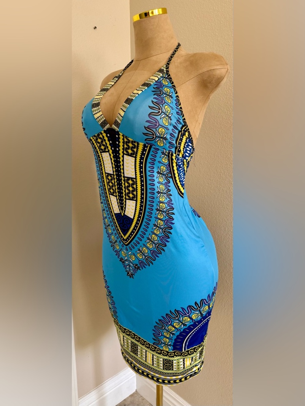 Bright Blue Halter Dress with Bold Ethnic Motif